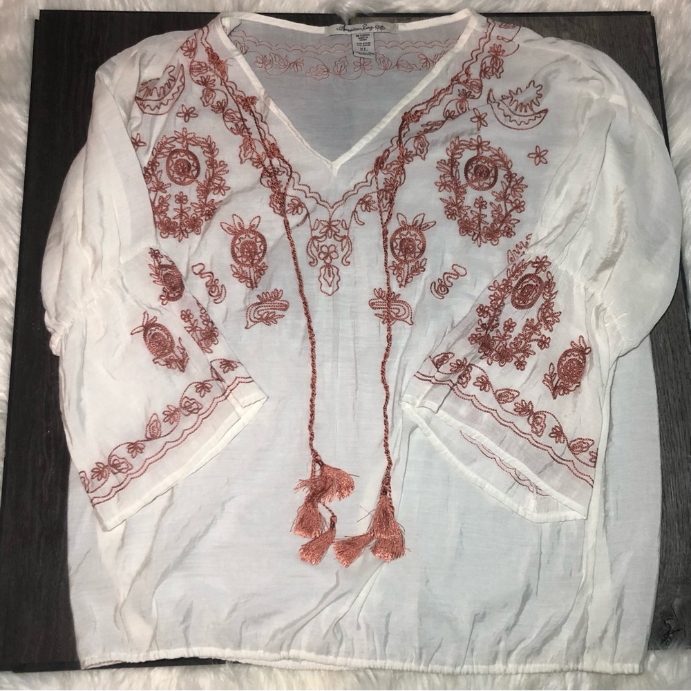 AMERICAN RAG CIA WOMENS COTTAGECORE XL EMBROIDERED 3/4 Sleeve Top With Tassels